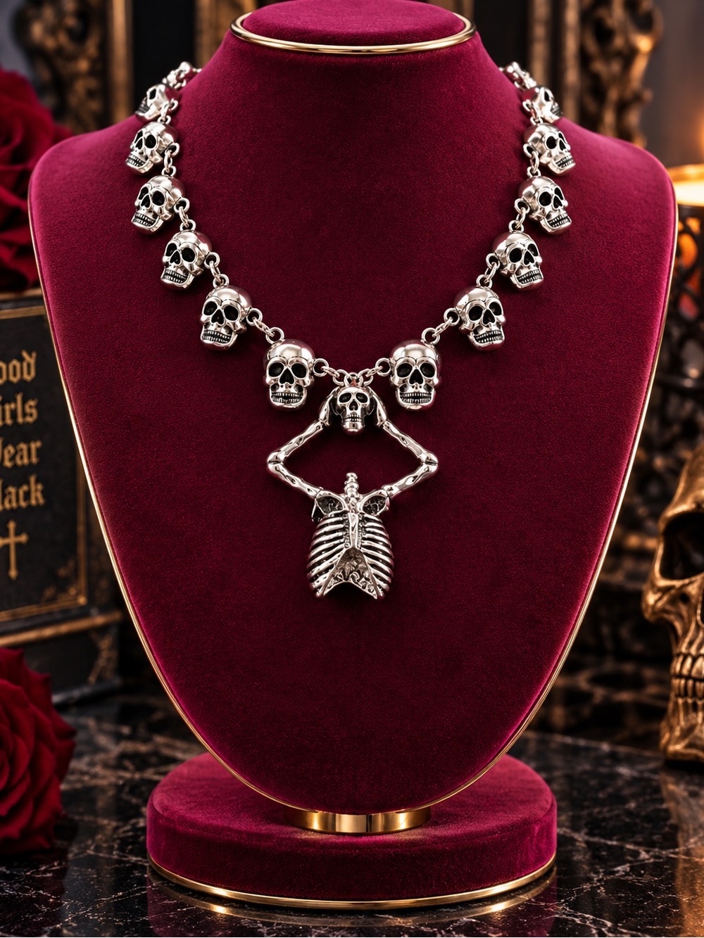 Silver Skull and Ribcage Statement Necklace - Gothic Women Jewelry